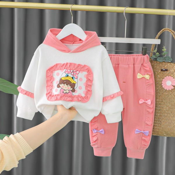 Σετ παντελόνι - μπλούζα μακρυμάνικη με σχέδιο κοριτσάκι, κουκούλα, ιδιαίτερη λεπτομέρεια και φιόγκους, λευκό - ροζ